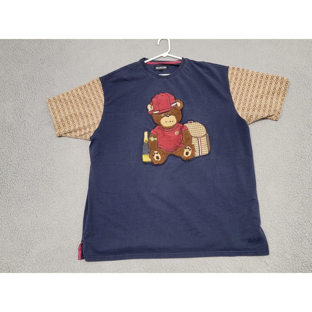 Makobi Shirt Mens 3XB Big Blue Teddy Bear Champagne Backpack Embroidered Street